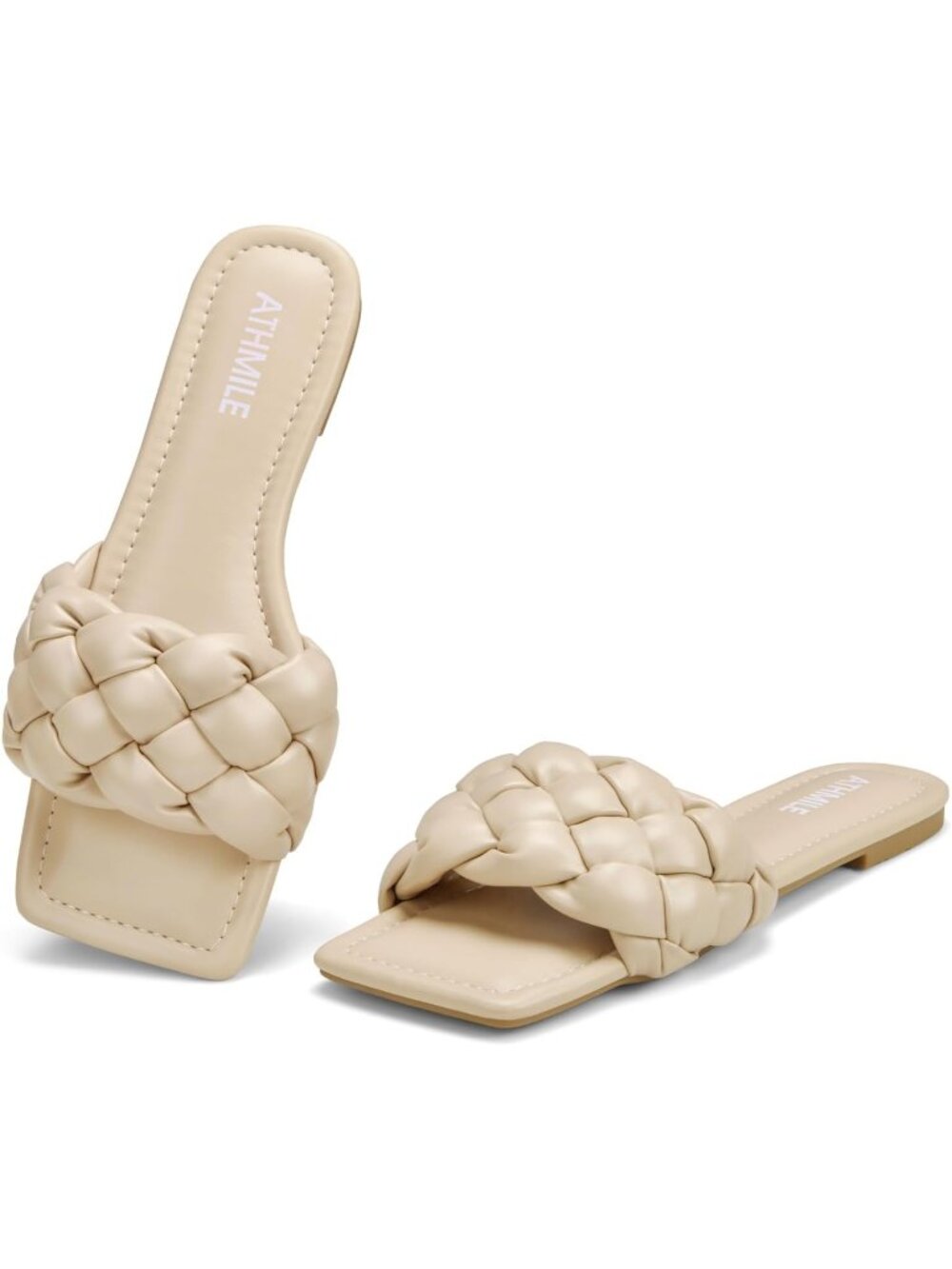 Women's Beige Leather Causal Slip on Square Open Toe Fashion Slide Flat Sandals